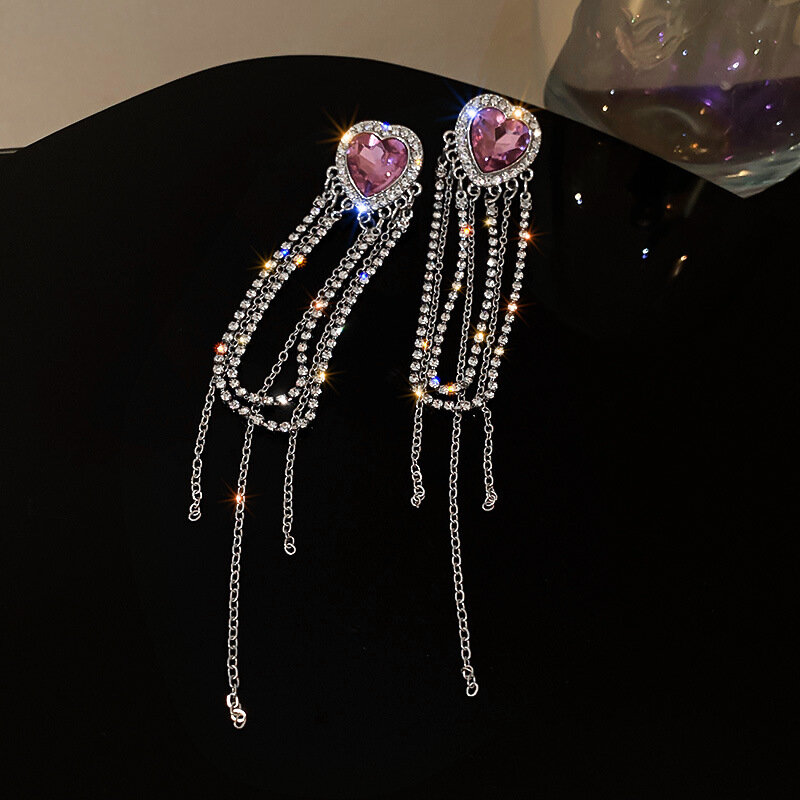 Sweet Purple Love Long Tassel Earrings For Women  Shiny Romantic Silver Needle Party Jewelry Accessories