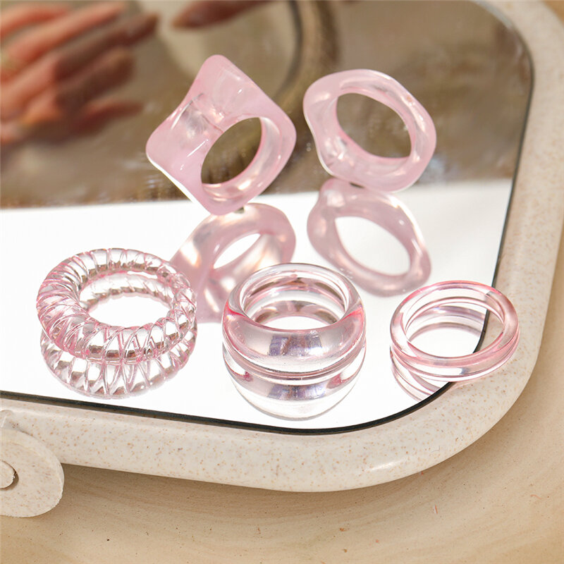 17KM เกาหลีสีสันสดใสเรซินอะคริลิคชุดแหวนสำหรับผู้หญิงเรขาคณิตอินเทรนด์สแควร์รอบแหวนเครื่องประดับ