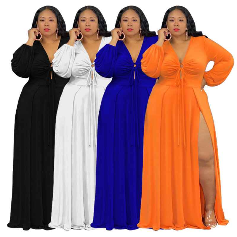 Afrikanische Kleider für Frauen Frühling und Herbst Afrikanische Frauen Langarm V-ausschnitt Plus Größe Langes Kleid Maxi Kleid Afrikanische Kleidung