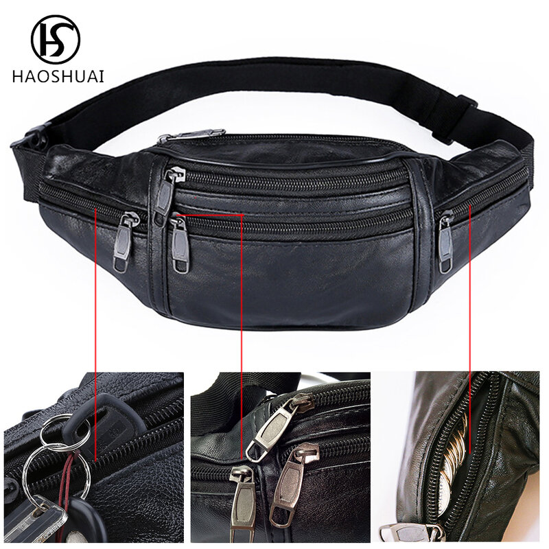 حقيبة خصر جلدية أصلية للرجال ، حقيبة الورك ، حزام قابل للتعديل ، غير رسمي ، للهاتف الخلوي