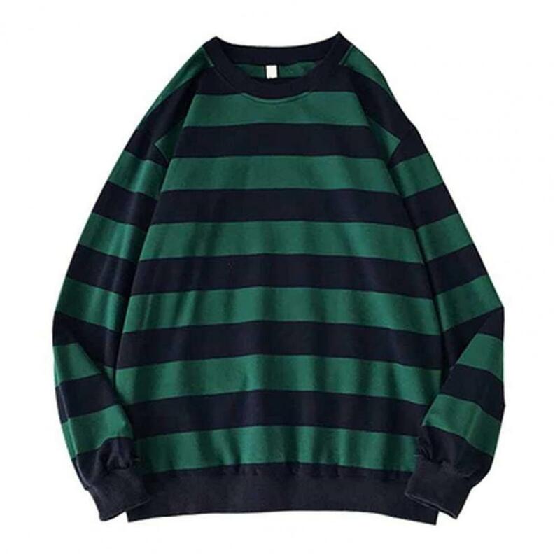Korean Style Long Sleeve Men Overszed Pullover Tops Stripe Contrast Colors Round Neck Casual Spring Top for School Streetwear