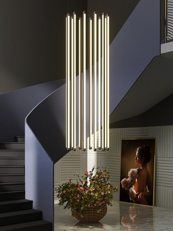 ใหม่สีดำบันไดโคมระย้า Modern Design Duplex อาคารสูงที่ว่างเปล่าห้องนั่งเล่น Hall บุคลิกภาพ LED แขวน