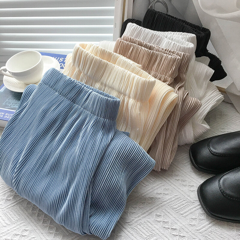 Spodnie damskie z szerokimi nogawkami z wysokim stanem szyfonowe lodowy jedwab długie spodnie artystyczne plisowane spodnie o dużych rozmiarach Ubrania damskie