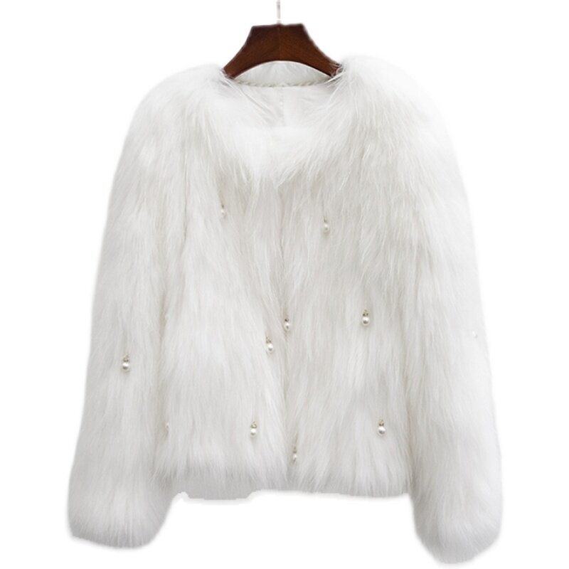 Модное меховое пальто, женское плотное теплое пальто из искусственного лисьего плюша с бусинами, женская короткая верхняя одежда, новинка 2023, Женская осенне-зимняя куртка