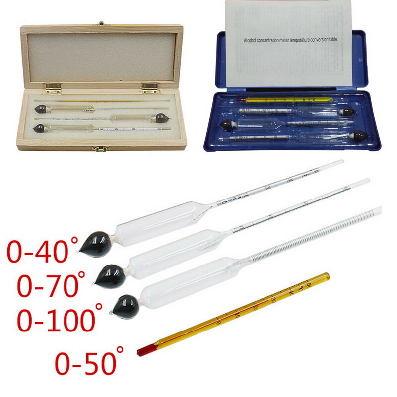 4 PCS Hydrometer Alcoholmeter Set 0 to 100% Alcohol Meter Tester+Thermometer Wine Meter Vintage Alcohol Concentration Meter Tool