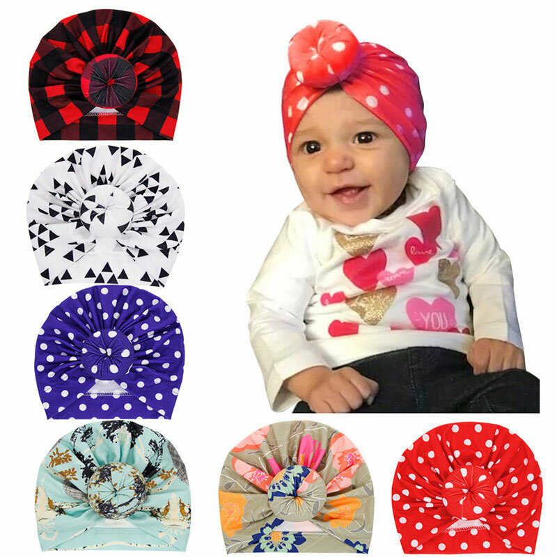 Новые детские шапки, тюрбан для малышей, детская шапка с индийским цветочным принтом и узелком, милая шапка с шариком и милой головной убор, ...