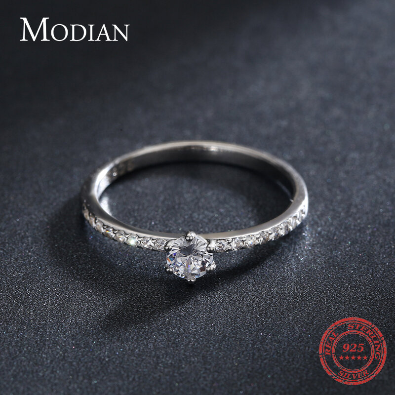Modian-Simples Rodada Clara CZ Anéis de Dedo para Mulheres e Meninas, Presente Fine Jewelry, Sólido 925 Sterling Silver, declaração de casamento
