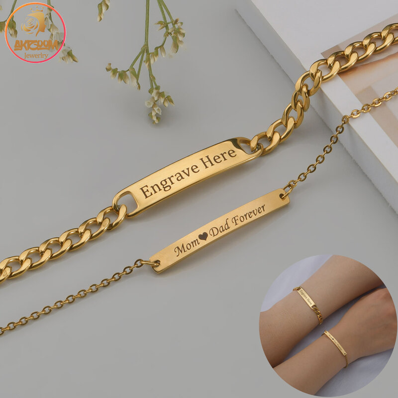 Akizoom-pulsera de mano gruesa de acero inoxidable para hombre y mujer, brazalete con grabado de nombre personalizado, Color dorado, regalo de joyería