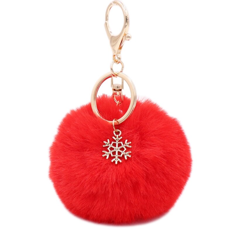 Pom Pom Keychain with Snowflake Pendant Charms Furry Fluffy Plush Ball Keyring