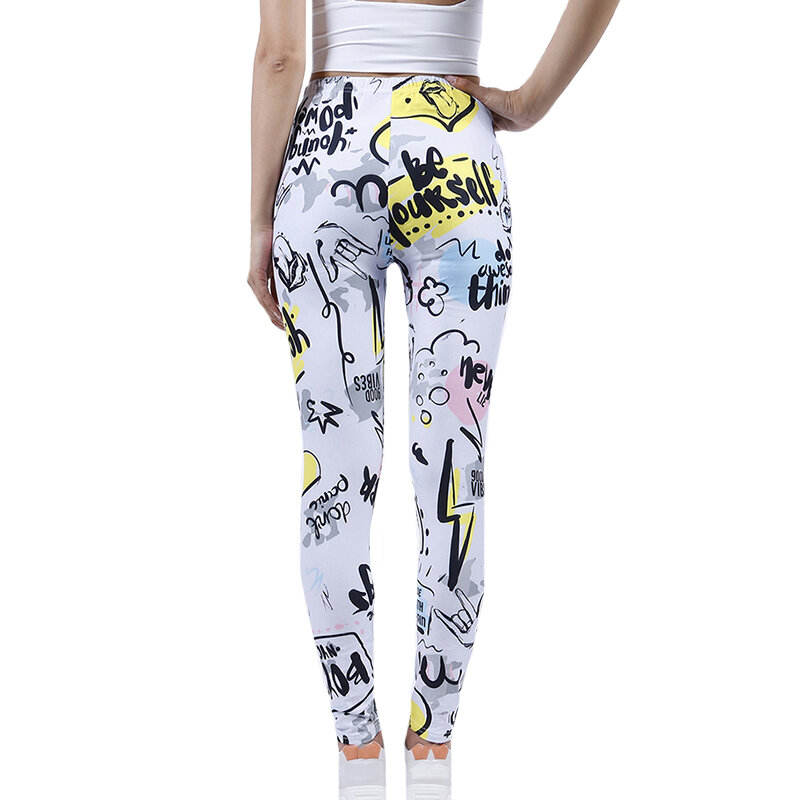 YRRETY-mallas Push Up para mujer, ropa de Fitness, pantalones de cintura alta con estampado de grafiti, negro, blanco y amarillo