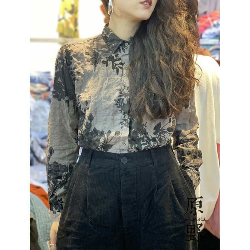 Blusa holgada de manga larga con cuello vuelto para mujer, camisa de lino y algodón con estampado Vintage, Tops V168, novedad de primavera 2021