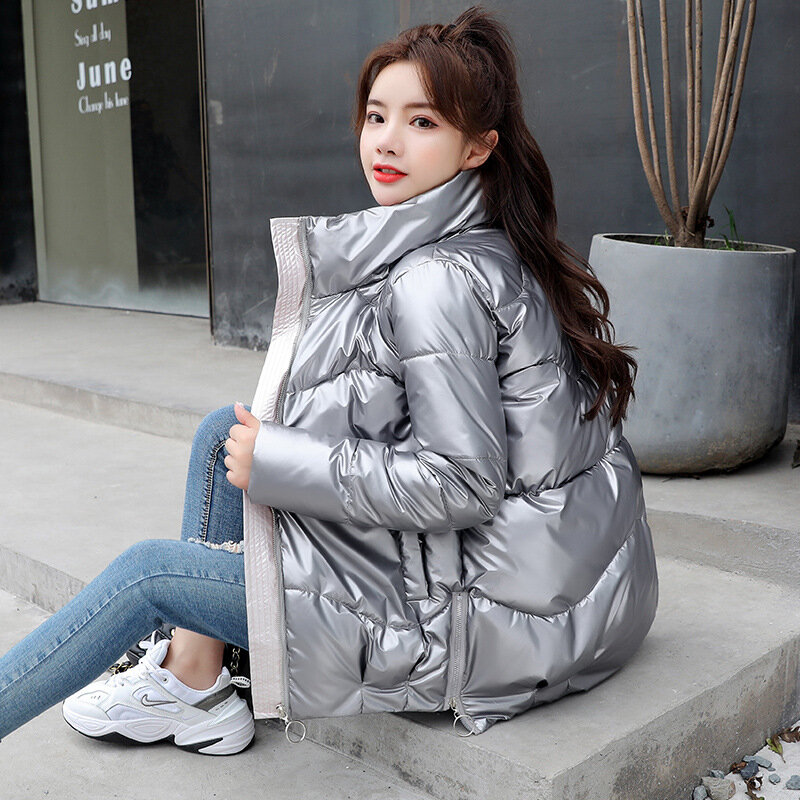 Glossy Sustans Down Coats Fashion Women Solid Colors Stand Collars Parkas Casual Commute Warm Autumn Winter Outwears Chic Jacket