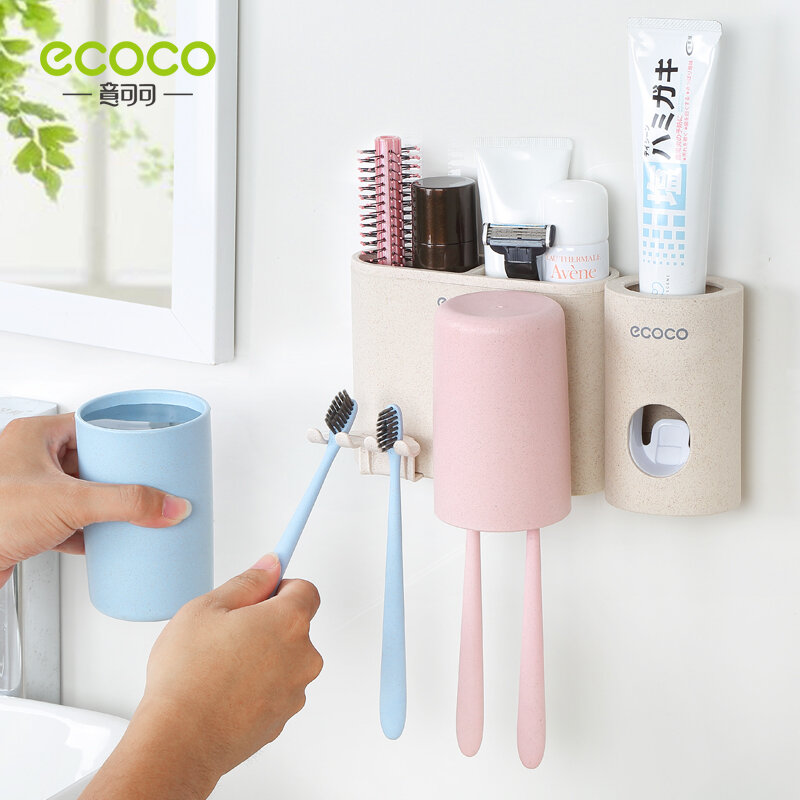ECOCO Wall-mount Wheat Straw 2/3/4 Cup Toothbrush Holder Family Couples Toothbrush Toothpaste Cup Storage Bathroom Accessories