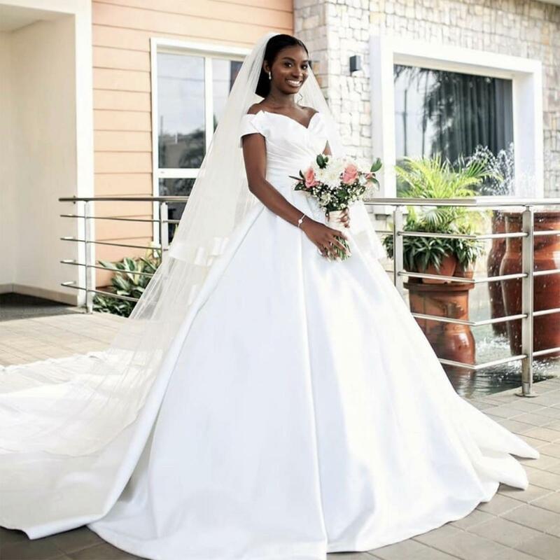حجم كبير ألف خط فستان الزفاف قبالة الكتف الساتان فساتين الزفاف طويلة رخيصة Vestido دي Casamento