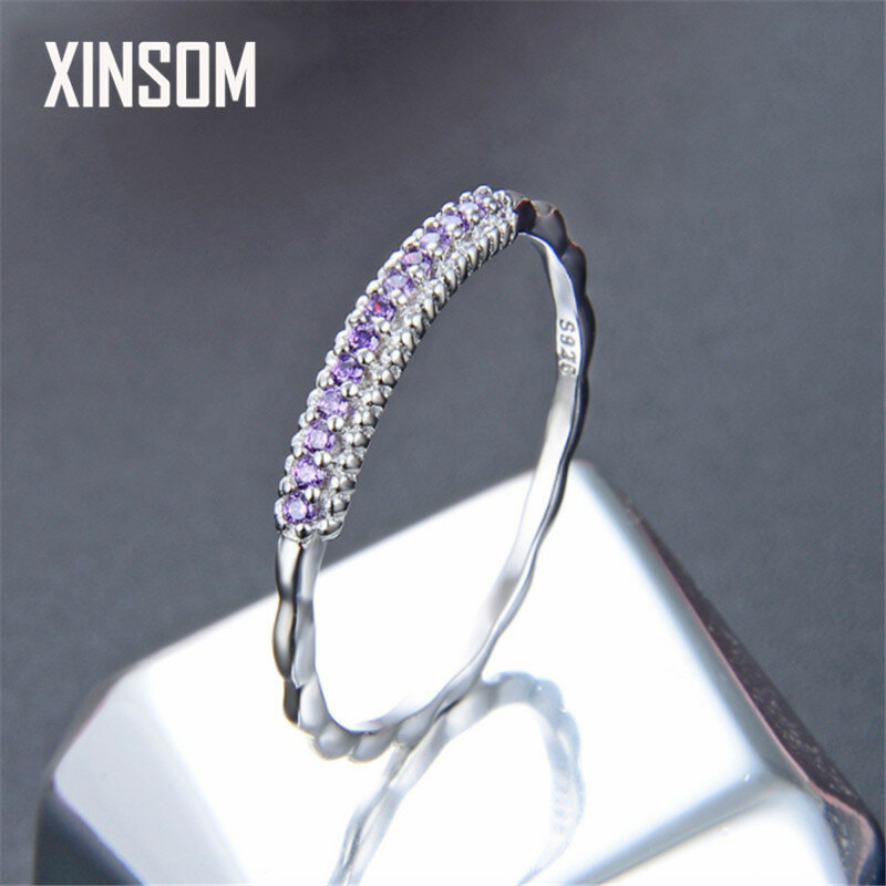 XINSOM Korean Fashion Real 925 Sterling Silver Rings For Women Purple Pink White CZ Engagement Wedding Rings Girls Gift 20FEBR11