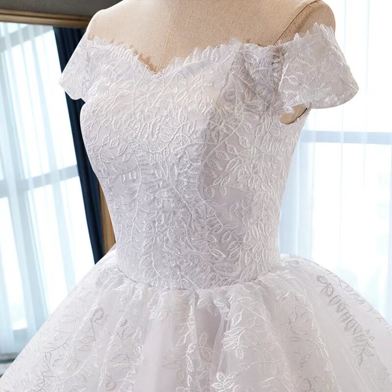 Fansmile 2023 White Off the Shoulder Vestido De Noiva Wedding Dress Train Custom-made Plus Size Bridal Tulle Mariage FSM-630T