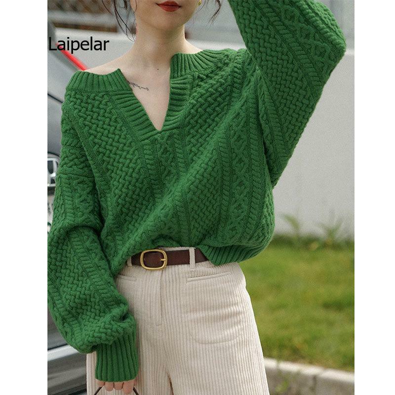 Suéter de moda coreana para mujer, jersey verde holgado con cuello en V, Top de manga larga, prendas de punto para invierno