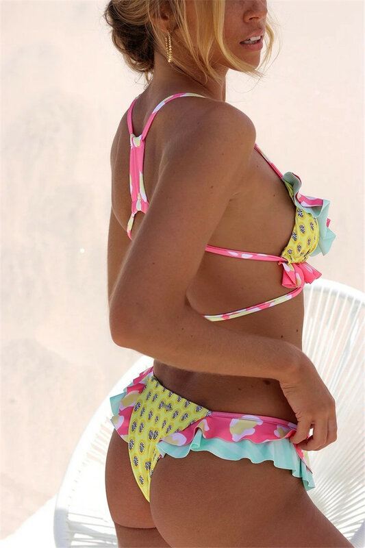 Bikinis brasileños con volantes para mujer, traje de baño con estampado Floral, bañador femenino, ropa de playa, Monokini 2024