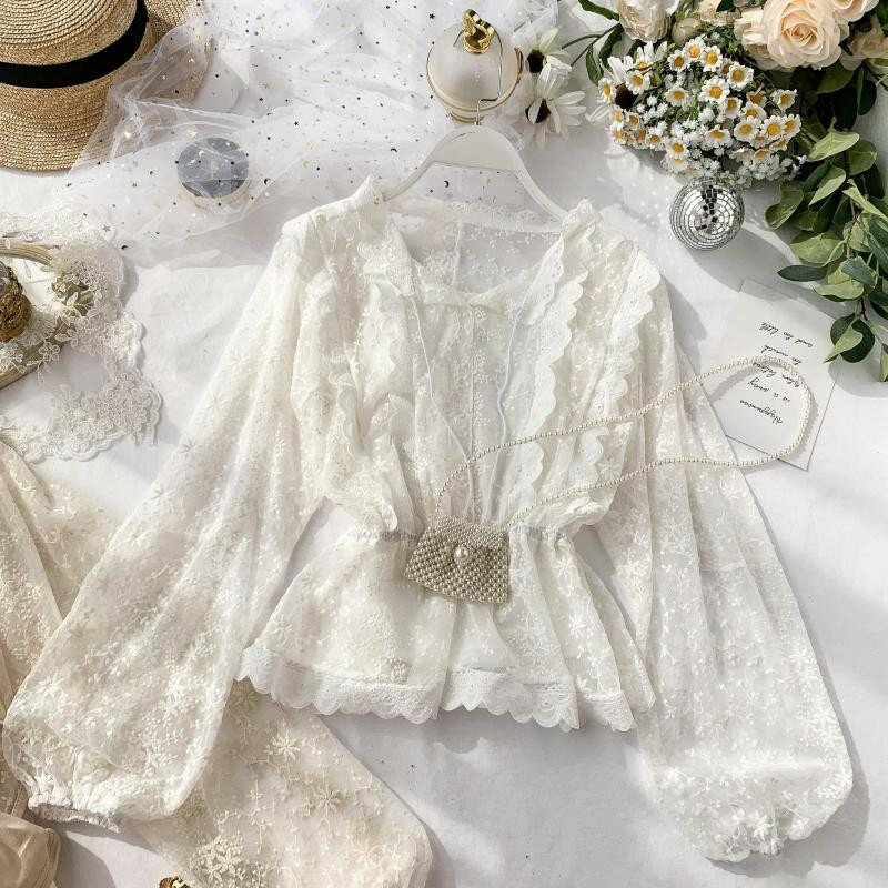 Two Pieces Shirt +Tank New Autumn Women Ruffles Mesh Blouse Casual Embroidery Lace Shirts Female Puff Sleeve Blouses Tops AB1944