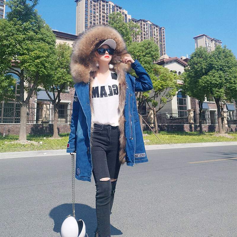 Maomaokong 2022ผู้หญิงฤดูหนาวกระต่าย Fur Liner Raccoon Fur Collar Denim Coat ผู้หญิง Parkas ขนสัตว์หนา Denim เสื้อขนสัตว์ยาว