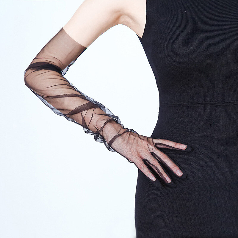 Sarung tangan Sutra transparan hitam seksi 55CM untuk wanita sarung tangan tabir surya berkendara kain kasa panjang tipis musim panas wanita GL0453