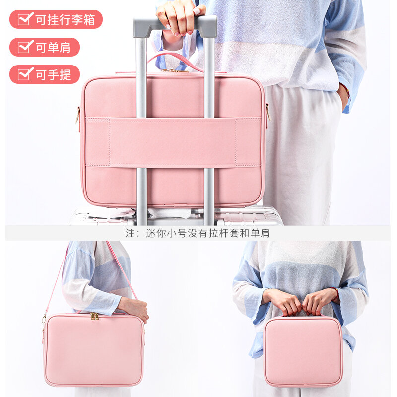 Puสีชมพูสีกระเป๋าเครื่องสำอางกันน้ำPartitionเครื่องสำอางค์Double-Layerพร้อมแต่งหน้ากล่องเล็บสักกระเป๋...