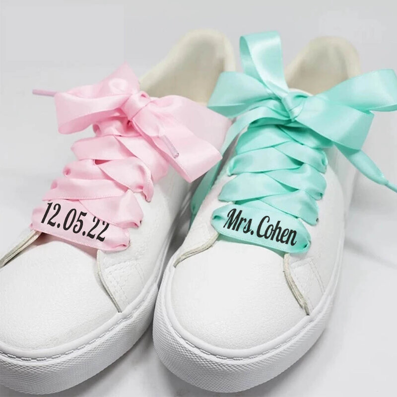 1 Pair Personalized Silk Satin Shoelaces 2CM Width Ribbon Shoe laces Custom Text Candy Color Boots Women Sneakers Shoelace