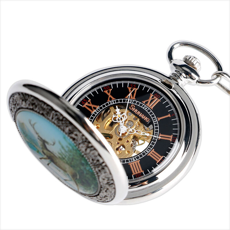 Retro Elk Design Steampunk Hand Winding Mechanical Pocket Watch for Men Women Fob Chain Roman Number Clock Gift