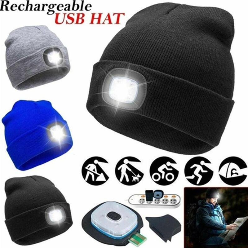 Bonnet à lumière LED aste par USB, bonnets en tricot, chapeau à lampe de poche chaud, chasse, camping, jogging, pêche, cyclisme