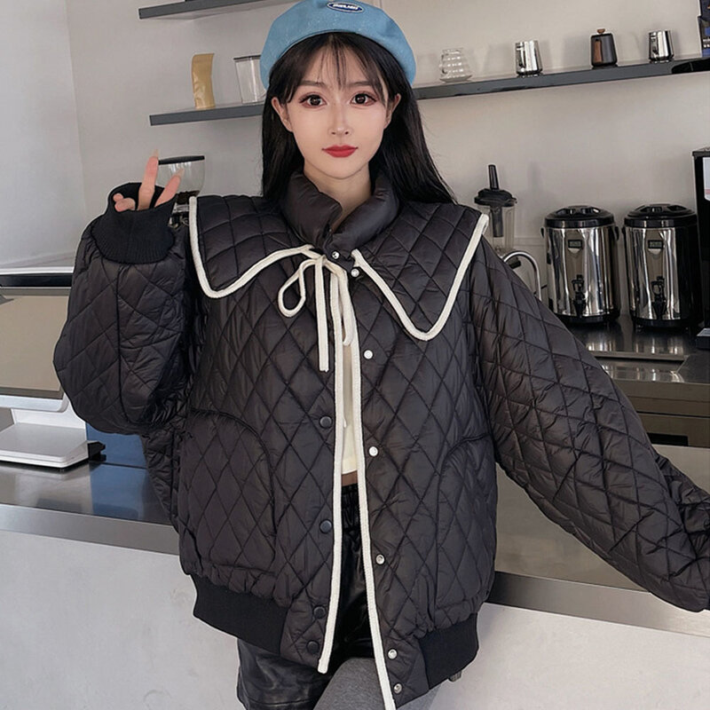 Осенние женские куртки 2023 новая Корейская версия свободная универсальная стеганая куртка с отложным воротником в клетку со стразами Женская теплая зимняя куртка