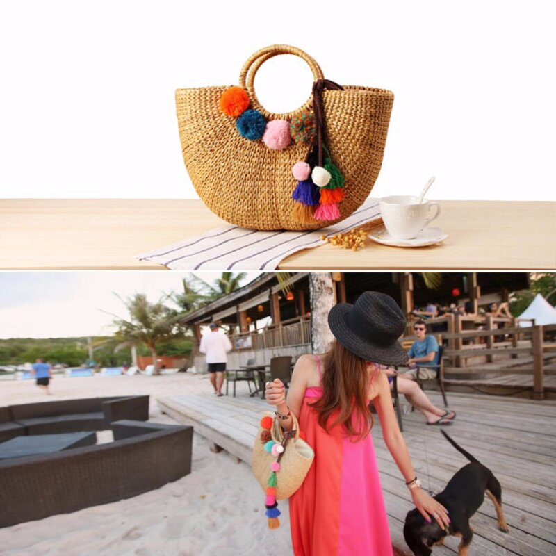 Summer Women Rounded Handles Pom Pom Tassel Straw Woven Beach Casual Tote Bag