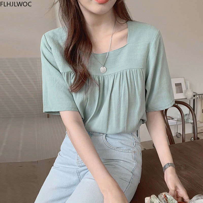 Cotton Linen Tops Summer Casual Cute Sweet Preppy Style Girls Square Collar Green Women Shirts Blouses Vintage Clothing