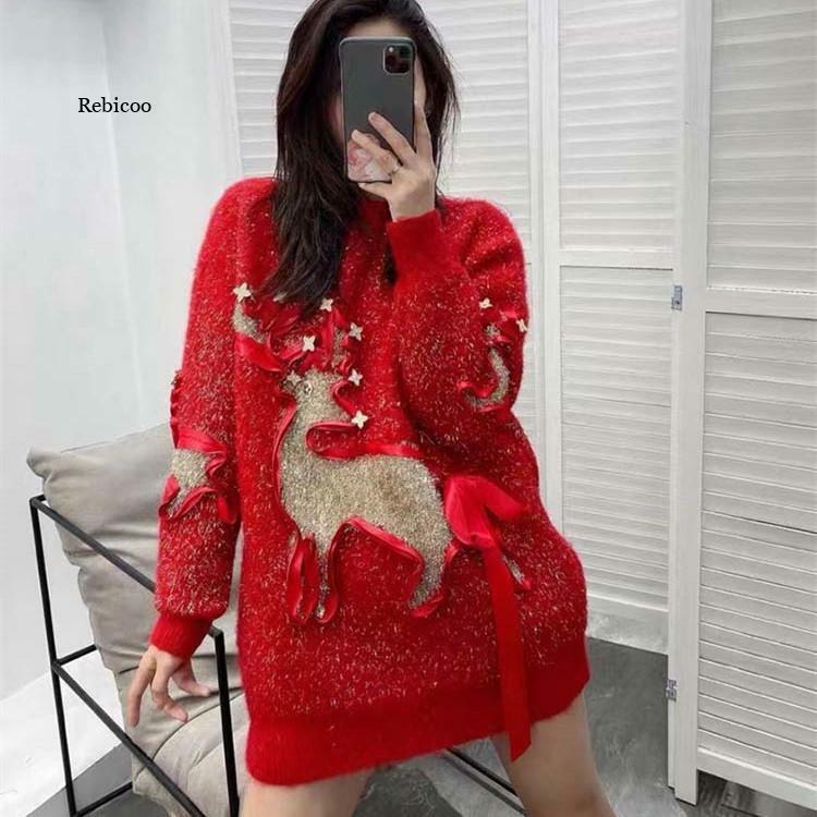 크리스마스 밝은 실크 디자인 엘크 여성 느슨한 게으른 스웨터 라운드 넥 탑, 2021 겨울 새로운 한국 숙녀 풀오버 니트 스웨터