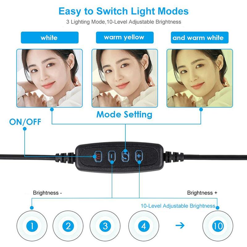 Luz de vídeo regulable LED Selfie anillo luz USB anillo lámpara de luz de fotografía con soporte de teléfono 2M trípode stand para maquillaje Youtube