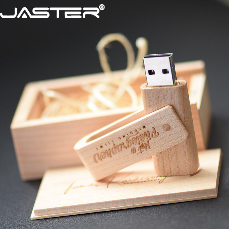 JASTER 2.0 Flash Drives 64GB Logotipo personalizado gratuito Pendrive 32GB wooden spin + box USB Stick 16GB 8GB Spin Walnut Armazenamento externo