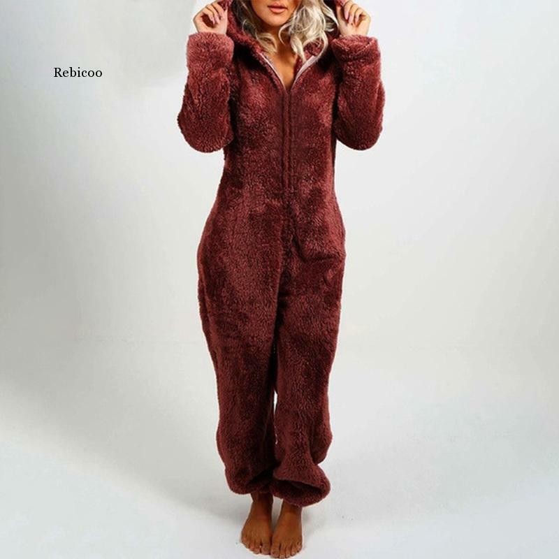De lana gruesa, con capucha mujeres ropa de terciopelo cremallera manga larga señoras pijamas de invierno de 2020 sólido ocasional mujer Homewear