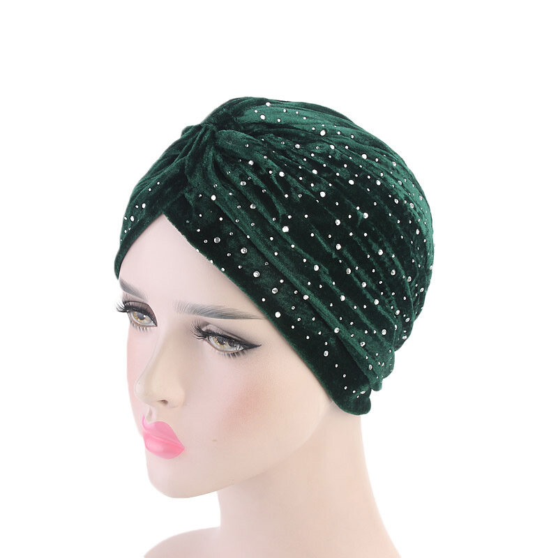 2020 wanita Rhinestone Beludru/Rajutan Sorban Topi Muslim Jilbab Syal Twist Headband Headwrap Musim Dingin Wanita Muslim Jilbab Turbante