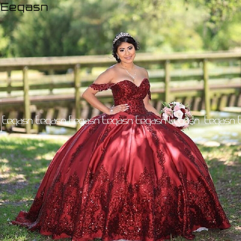Vestido de baile Burdeos para quinceañera, vestidos de novia de encaje con escote Corazón, lentejuelas dulces 16, 2024