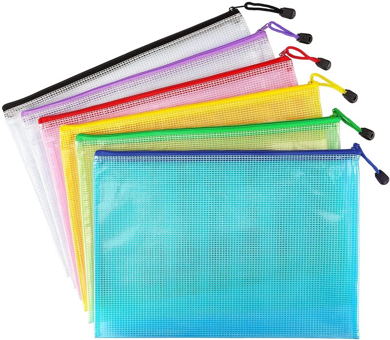 Impermeável Documento Transparente Zip Bag, Pen Arquivamento Produtos Pasta de Bolso, Escritório Material Escolar, gridding A3, A4, A5, A6, 6Pack