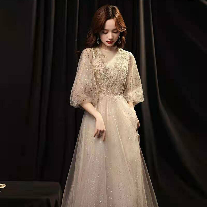 Women's Pageant Dress V-Neck Illusion Half-Sleeve Elegant Party Gowns Floor-Length Sequined A-Line Embroidery Evening Dress