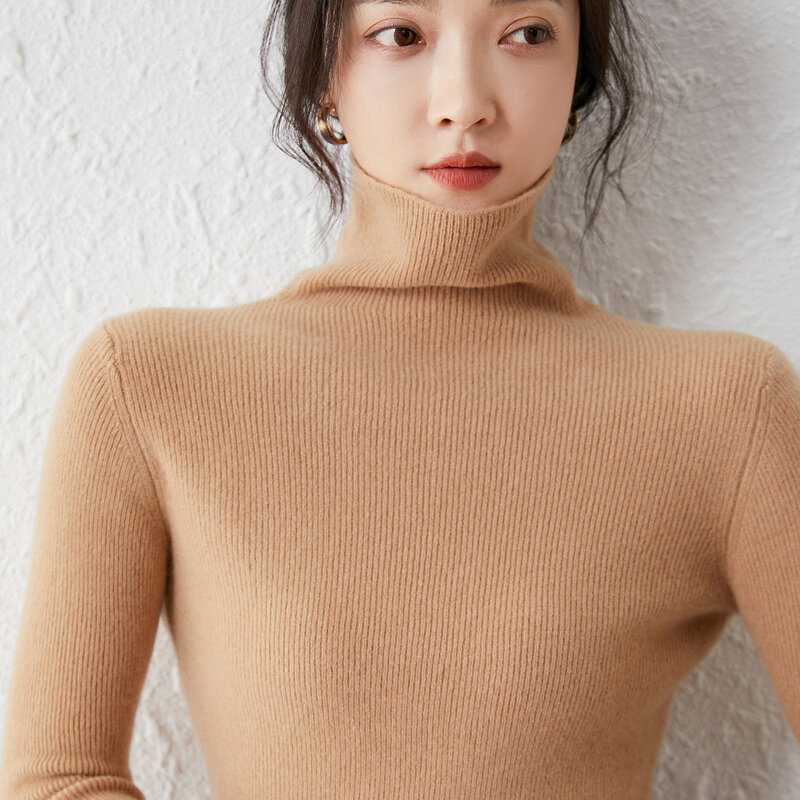 Suéter de lana pura para mujer, Jersey plano de cuello alto de Color puro, informal, ajustado, con temperamento, Tops de manga larga 2022