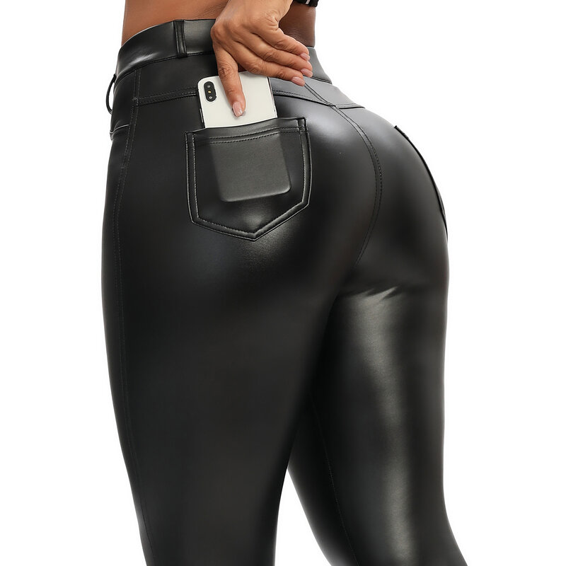 Zimowe czarne legginsy skórzane damskie Skinny Push Up wysokiej talii Legging kieszenie spodnie ze skóry PU cienkie aksamitne spodnie Stretch Sexy legginsy