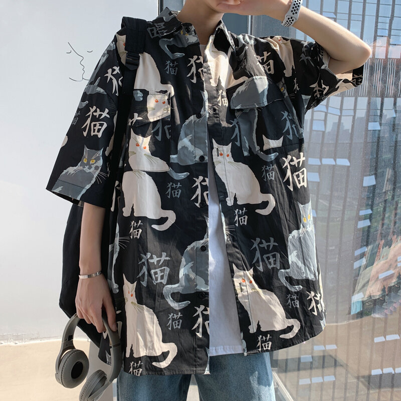 Camiseta holgada de manga corta para hombre y mujer, camisa informal de Anime con Gato, Tops de verano, 2024