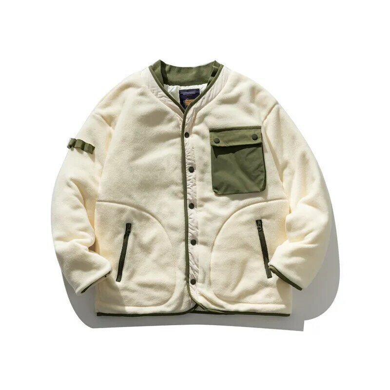 2021 일본 복고풍 남성 스탠드 칼라 코튼 자켓 아메리칸 캐주얼 두꺼운 양고기 캐시미어 컬러 블로킹 툴링 자켓