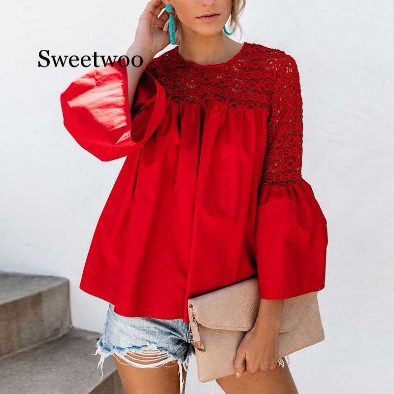 High Street Vrouwen Blouses Flare Mouwen Vrouwen Tops En Blouses 2020 Herfst Kant Patchwork Blousa Fashion Hollow Out Blouse