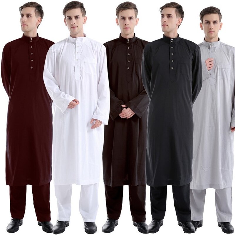 Abbigliamento islamico Uomini Abito Musulmano Thobe arabo Ramadan Costumi Solido Arabo Pakistan Arabia Saudita Abaya Maschile Manicotto Pieno Nazionale