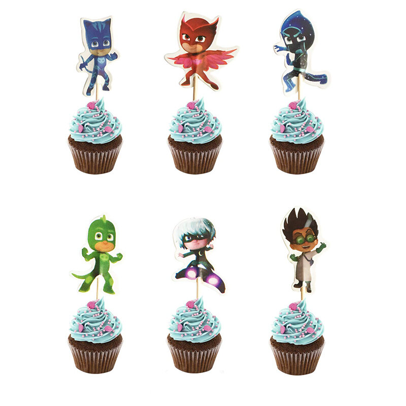 24個pjマスクアクションフィギュアcatboy owlette月光カップケーキトッパー子供の誕生日パーティーケーキ装飾用品