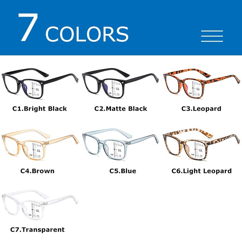 CRIXALIS 스퀘어 다초점 프로그레시브 독서 안경, 디옵터 포함, 눈부심 방지 컴퓨터 안경, 여성 UV400, 남성 패션