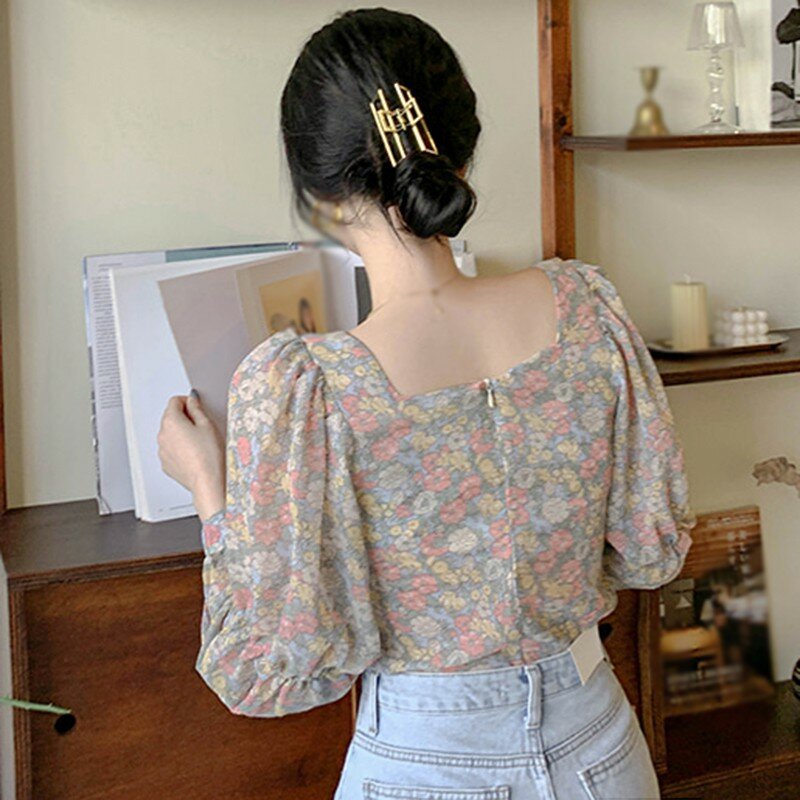 女性花柄シャツ韓国スタイル正方形カラーセクシーな甘い長袖シフォンブラウストップス