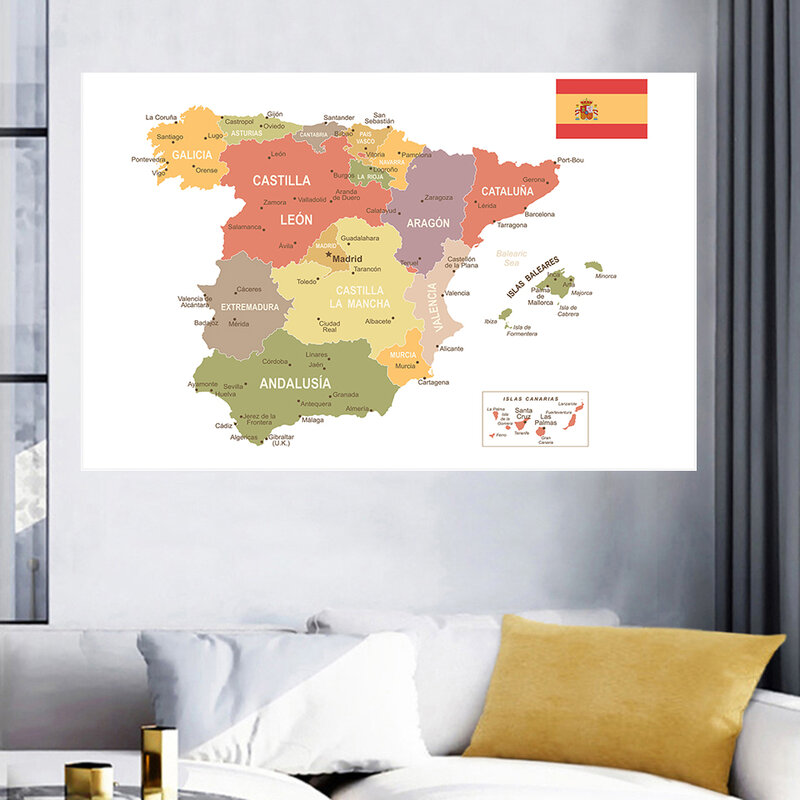 Póster de pared grande de mapa de España en español, lienzo no tejido, pintura, oficina, decoración del hogar, suministros escolares para niños, 225x150 cm